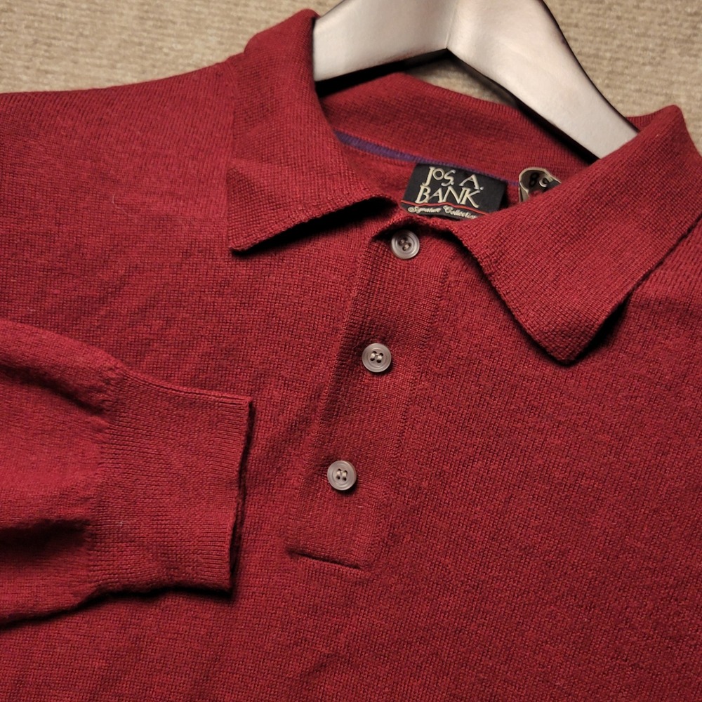 Jos A Bank Sweater Mens XL Burgundy Red Merino Wool Polo Collar Long Sleeve